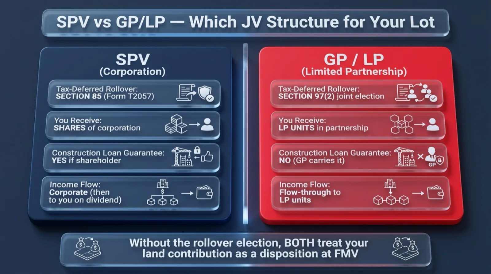 Comparison table side by side of SPV corporation Section 85 rollover and GP LP limited partnership Section 97 2 rollover for BC multiplex joint venture showing tax treatment construction loan exposure and election filing requirement
