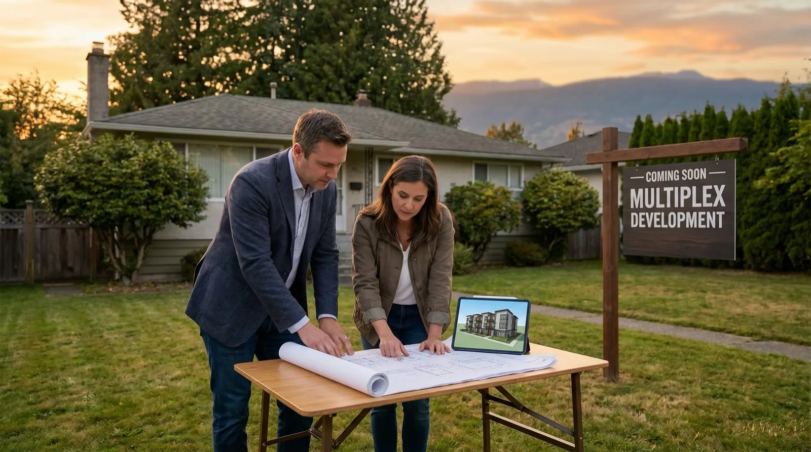 BC homeowner shaking hands with a multiplex developer in front of a Vancouver upzoned residential lot with construction plans on a table representing a joint venture partnership for a Bill 44 missing middle multiplex project