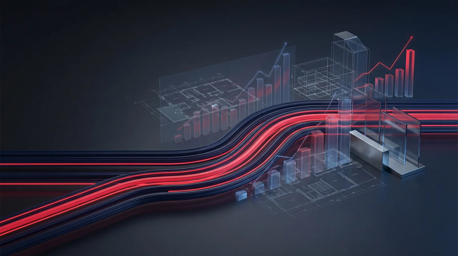 Abstract visualization of capital flow streams in dark navy and red representing multiplex investment velocity