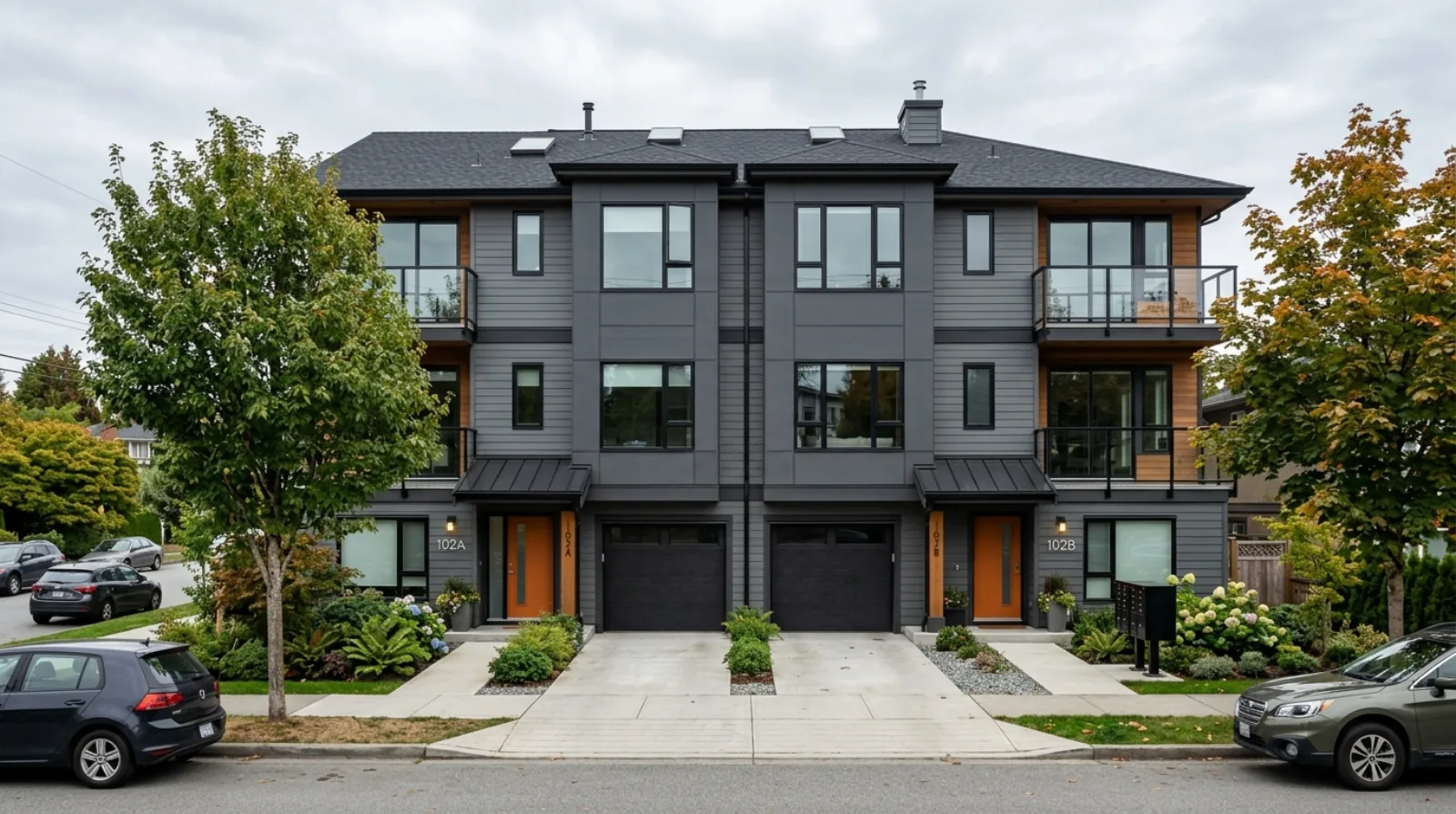 A completed six-unit ground-oriented multiplex designed for families, with a mix of larger units and private entries, built to reach a higher MLI Select affordability score