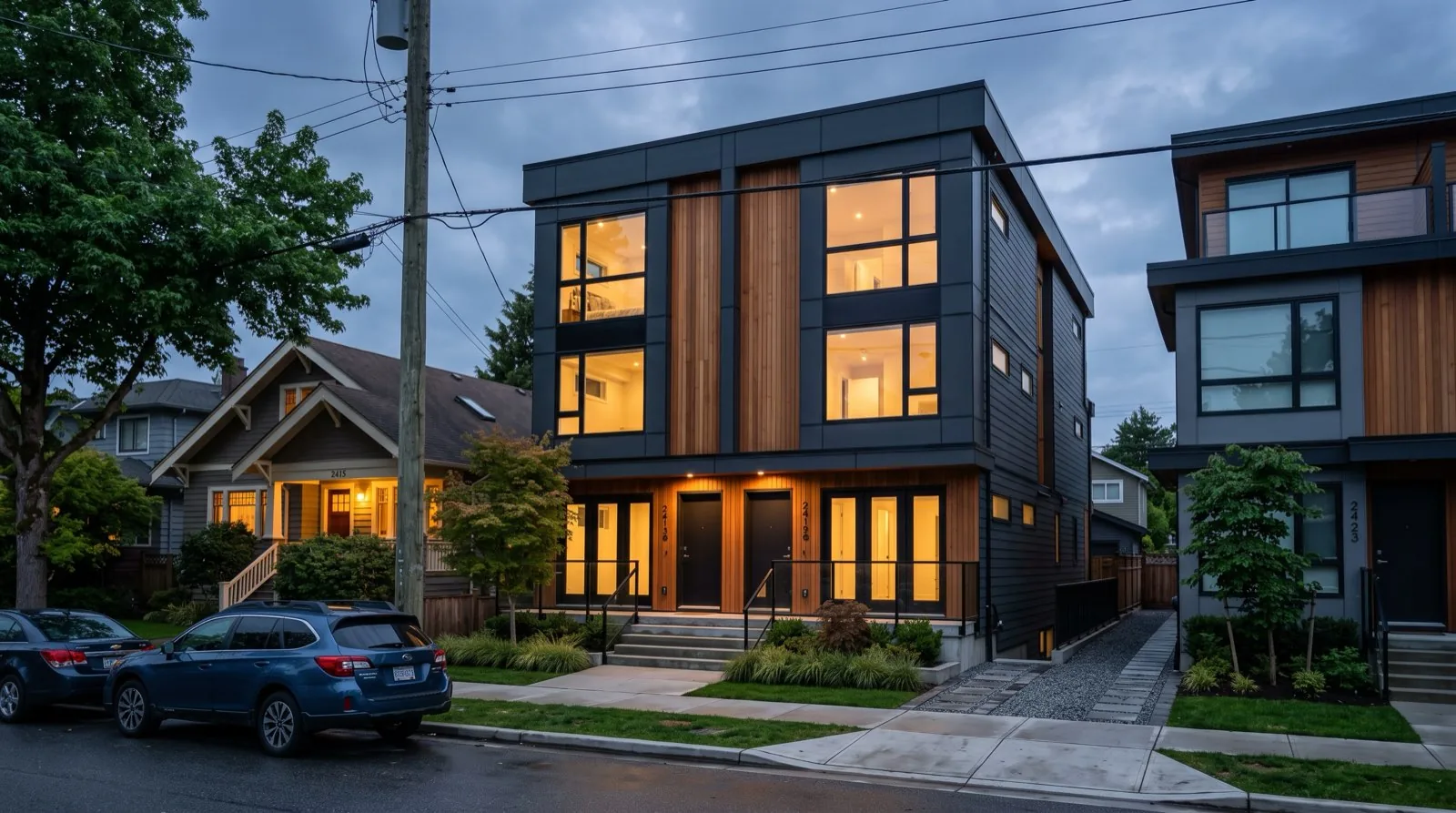 A single Vancouver multiplex at dusk on a mixed residential street, three storeys with two front entrances, standing beside older single-family homes — the idea that housing gets built one address at a time