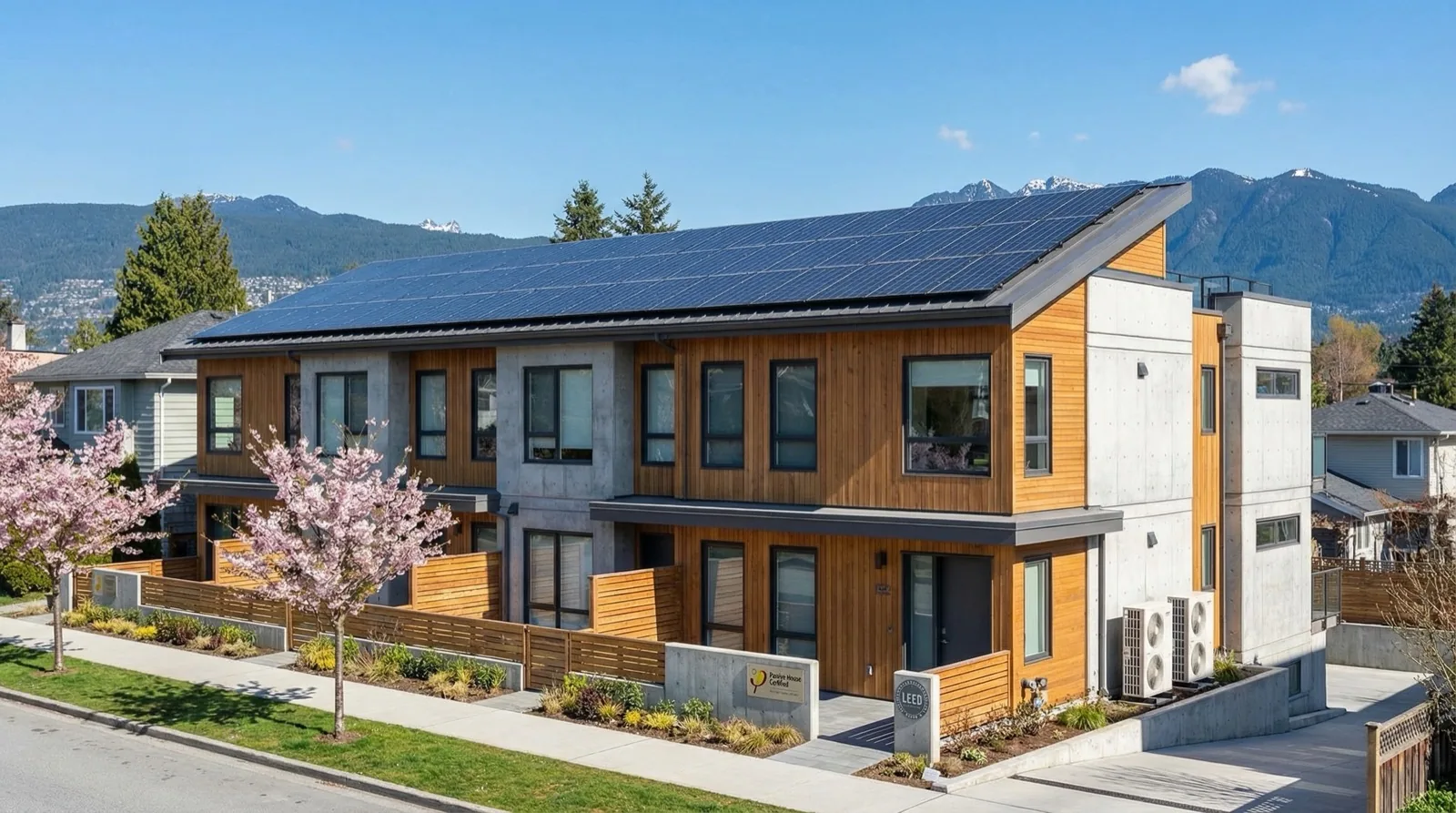 Modern sustainable multiplex building with solar panels and green design elements