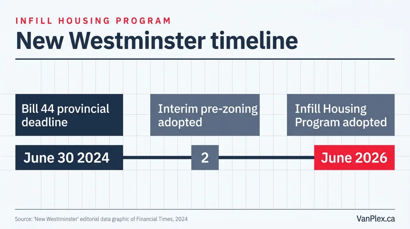 Timeline of New Westminster infill housing: provincial Bill 44 deadline, interim pre-zoning, and the Infill Housing Program adopted in June 2026