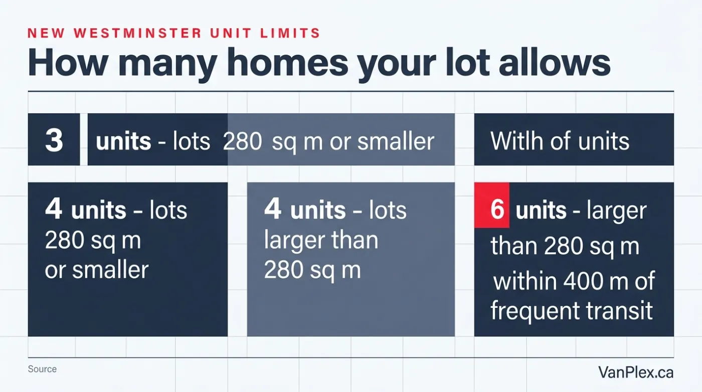 Three filled panels showing New Westminster unit limits: 3 units on lots 280 square metres or smaller, 4 units on lots larger than 280 square metres, and 6 units on larger lots within 400 metres of frequent transit