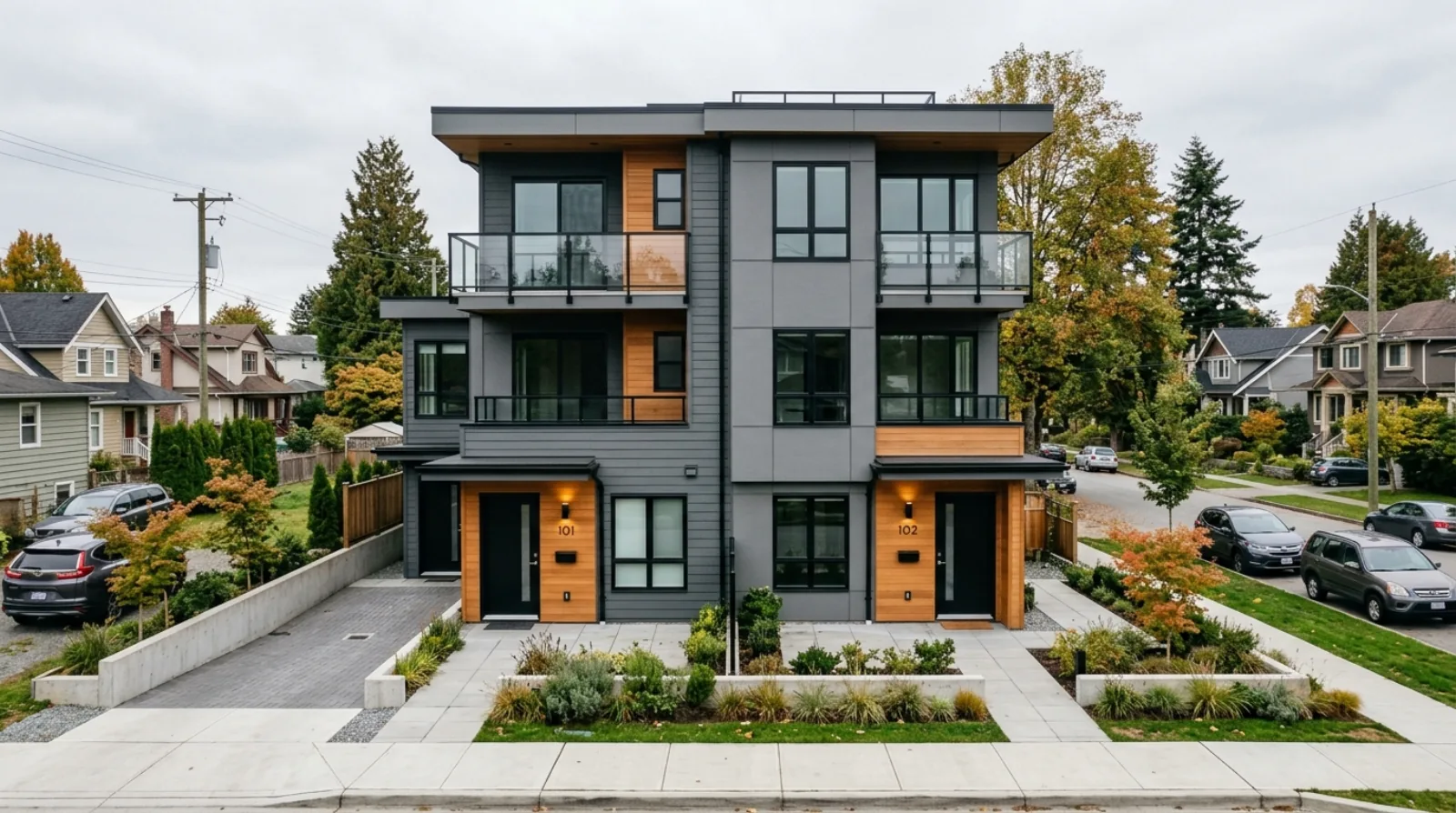 A newly completed ground-oriented four-unit multiplex on a standard residential lot in New Westminster BC, pre-zoned for infill housing under the city's Infill Housing Program