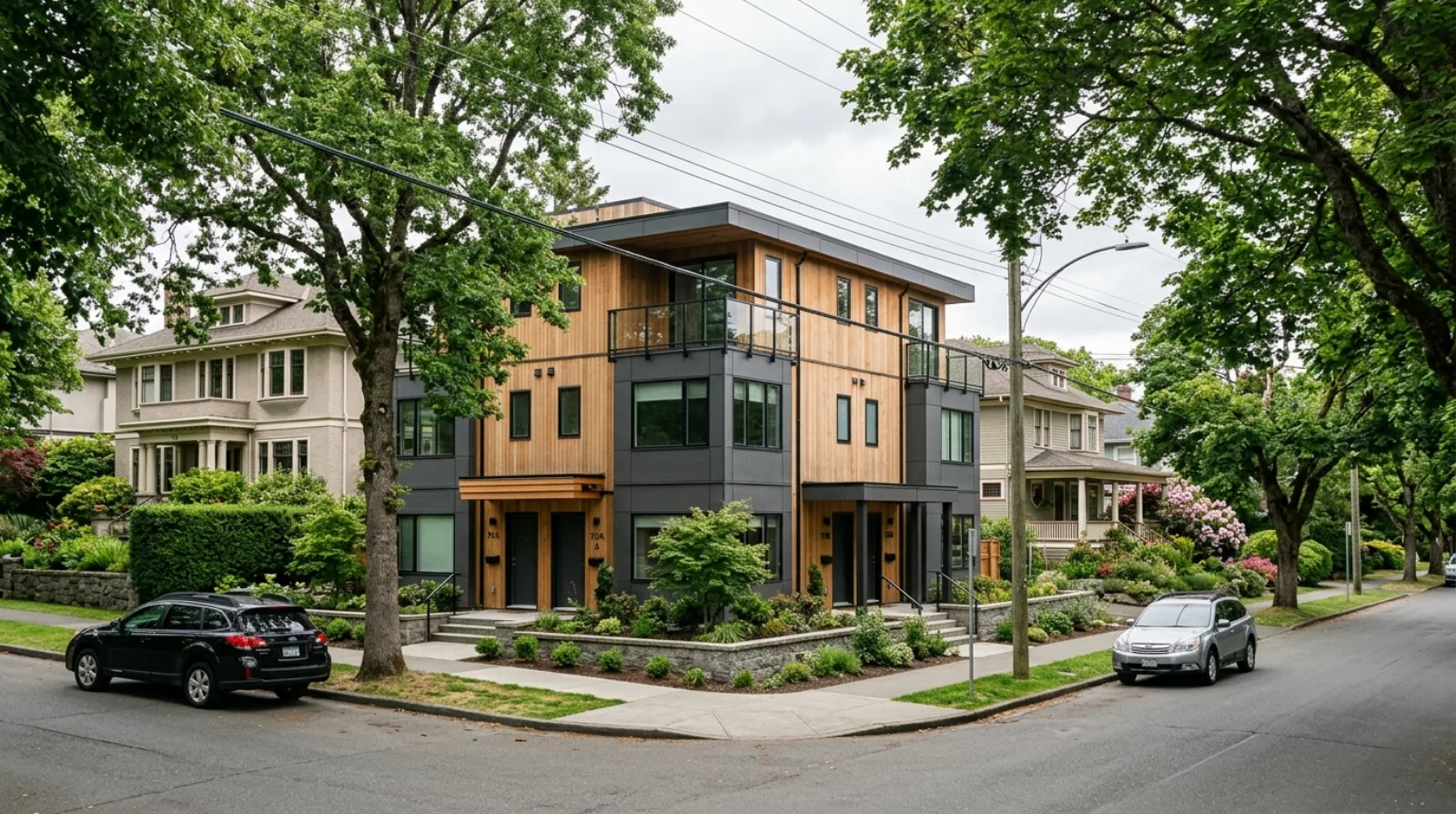 Split view contrasting Saanich's streamlined small multiplex approvals with Oak Bay's contested infill housing under provincial oversight