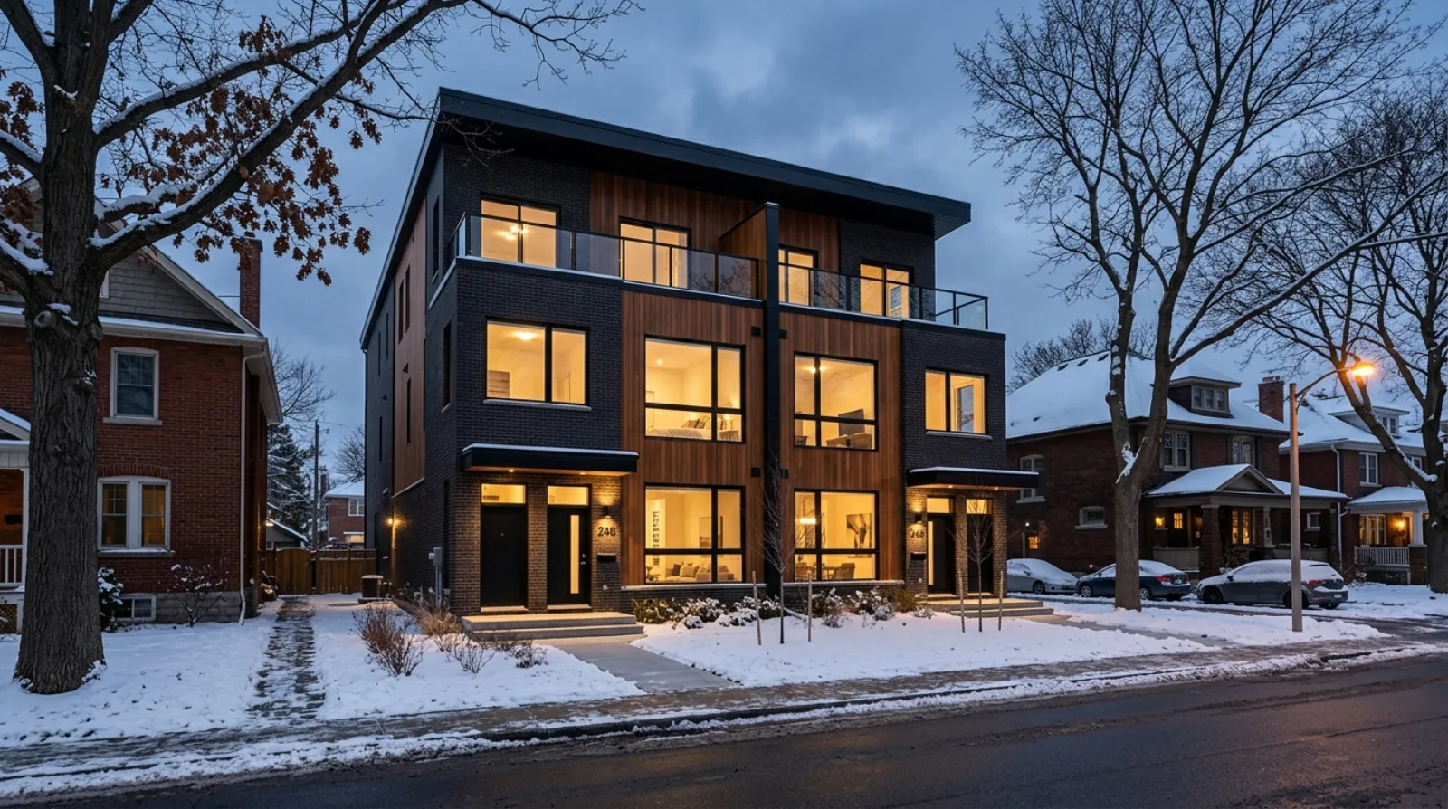 A newly completed modern three-storey Ottawa fourplex multiplex in winter, two front entries, beside older Ottawa homes