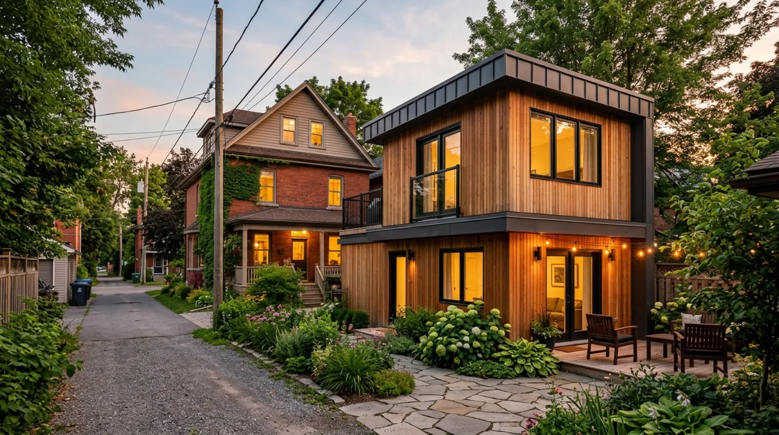 A modern two-storey laneway-facing garden suite at the rear of an older Ottawa property, the third unit Bill 23 enabled on a serviced lot