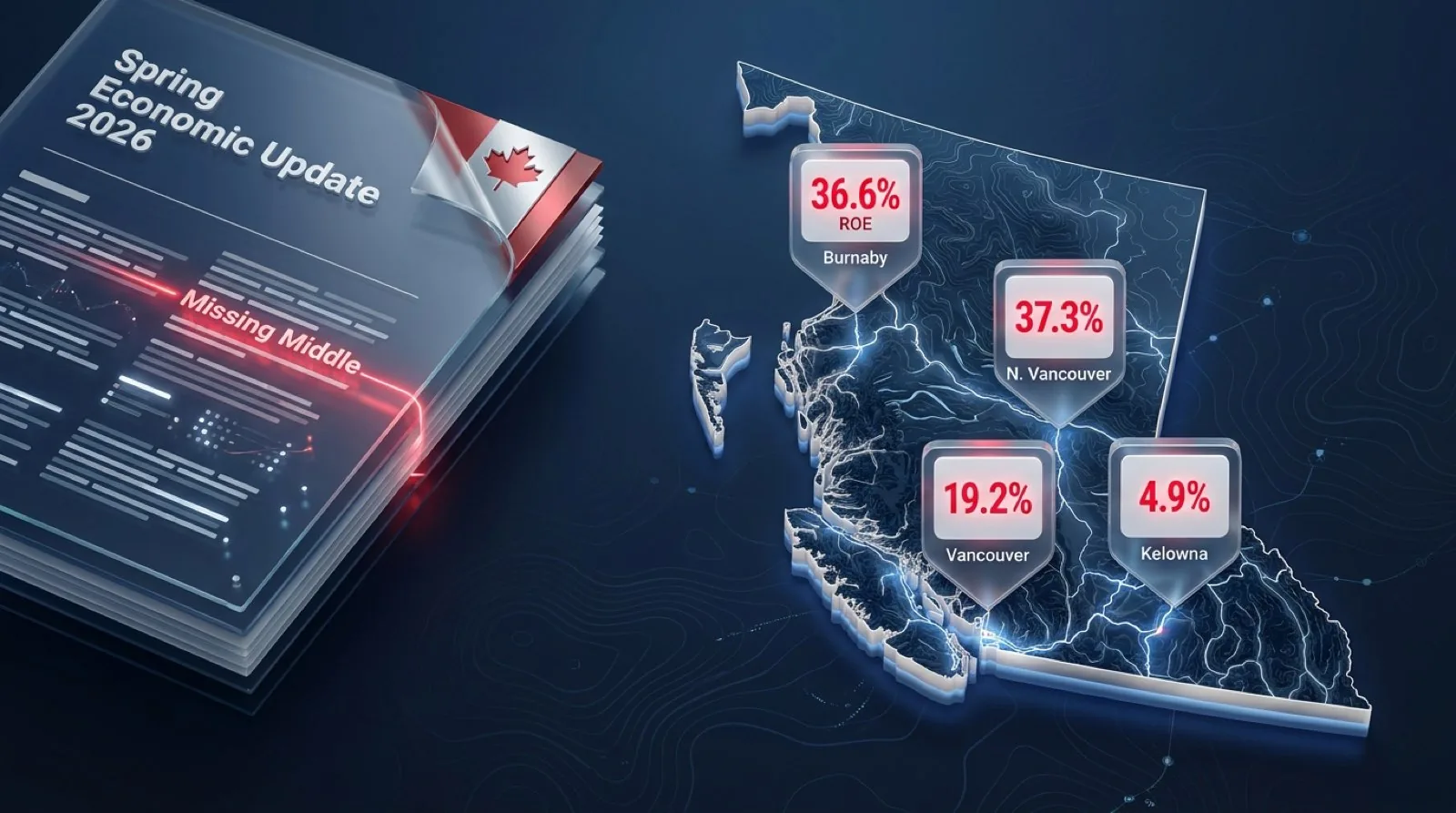 Federal Spring Economic Update 2026 names triplexes fourplexes row homes stacked townhouses and small low-rise apartments as missing middle housing with VanPlex PlexRank map showing projected return on equity for 102,518 BC residential parcels in Burnaby Vancouver North Vancouver and Kelowna