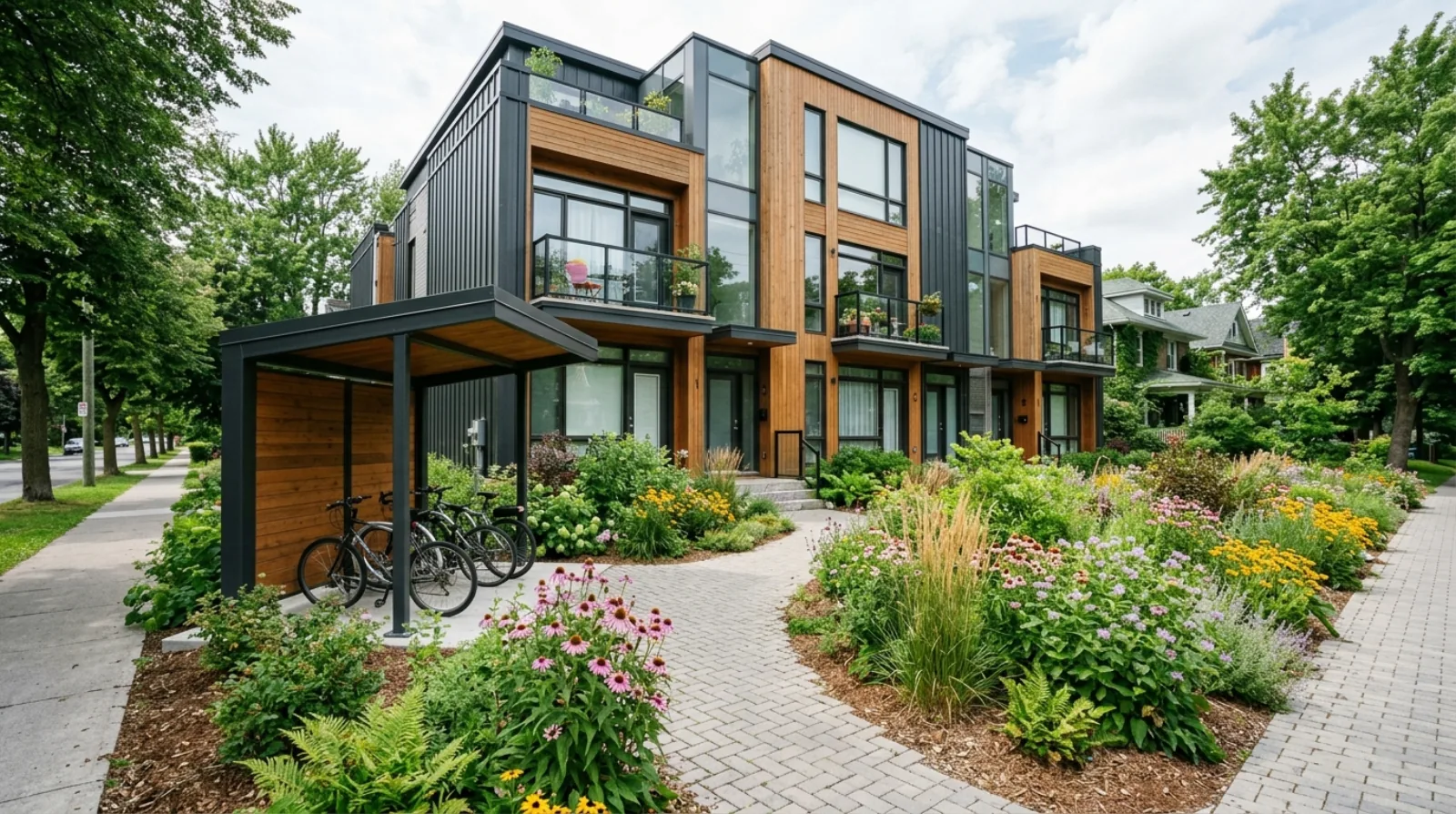 The front of a modern Ottawa multiplex with a landscaped front yard and covered bike rack instead of a parking lot, after the city removed parking minimums