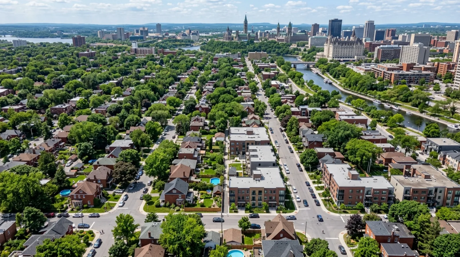 Aerial view of an established Ottawa neighbourhood with newly built three-storey multiplex infill among older single-family homes under the new zoning by-law