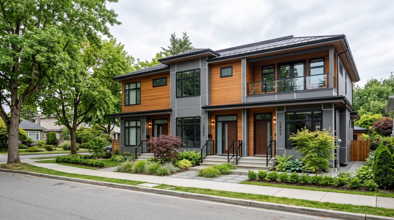 A Vancouver triplex with three separate entrances on a standard lot — illustrating owner-occupied multiplex financing where the owner lives in one unit