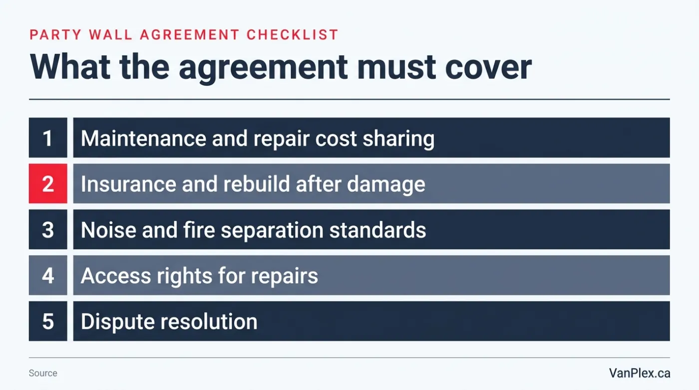 Five stacked panels listing what a party wall agreement must cover: maintenance cost sharing, insurance and rebuild after damage, noise and fire separation standards, access rights for repairs, and dispute resolution