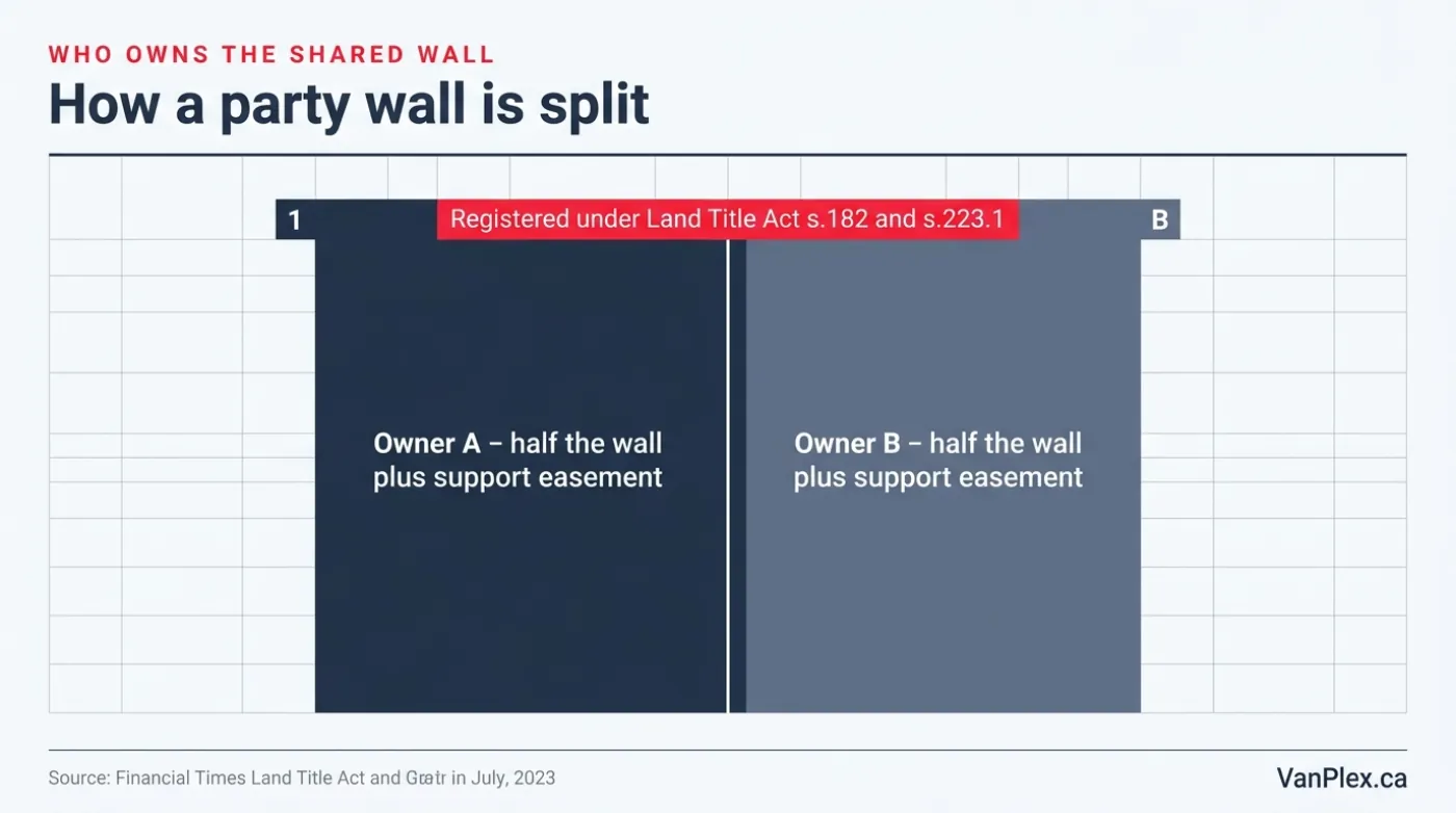 Diagram of a party wall split down the centre, with each owner holding half the wall plus a support easement in the other half, registered under Land Title Act sections 182 and 223.1