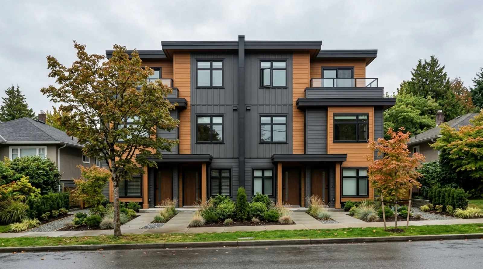 A side-by-side attached fourplex showing a clear shared centre wall dividing two mirrored halves, each with its own front door, where a party wall agreement governs the shared wall