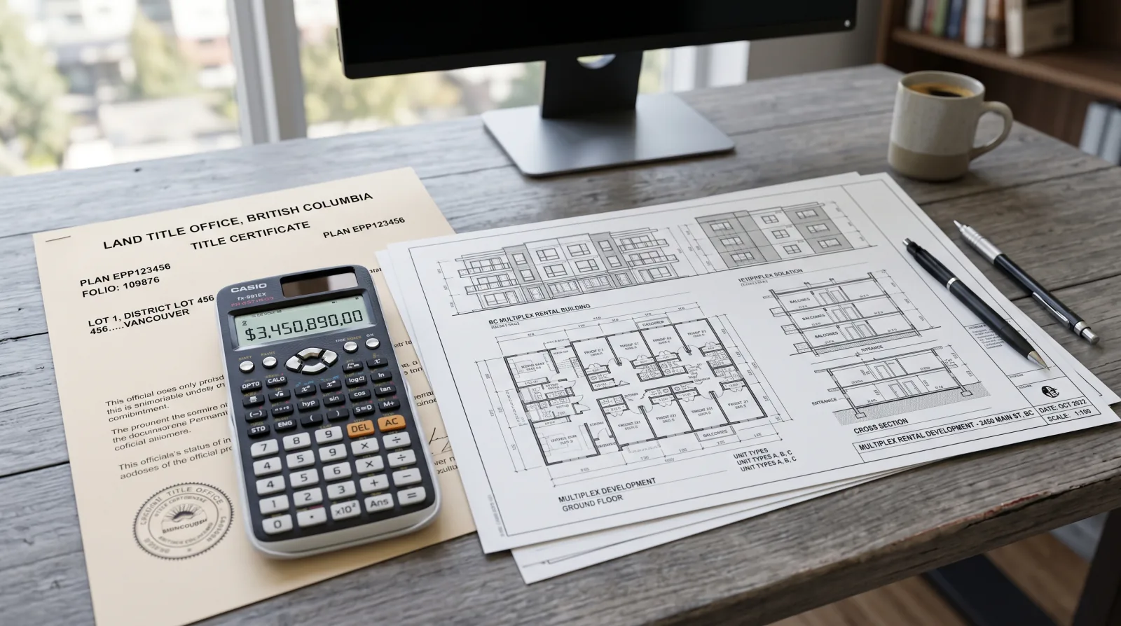 A Land Title Office document and a calculator showing PTT savings on a BC multiplex rental property registration