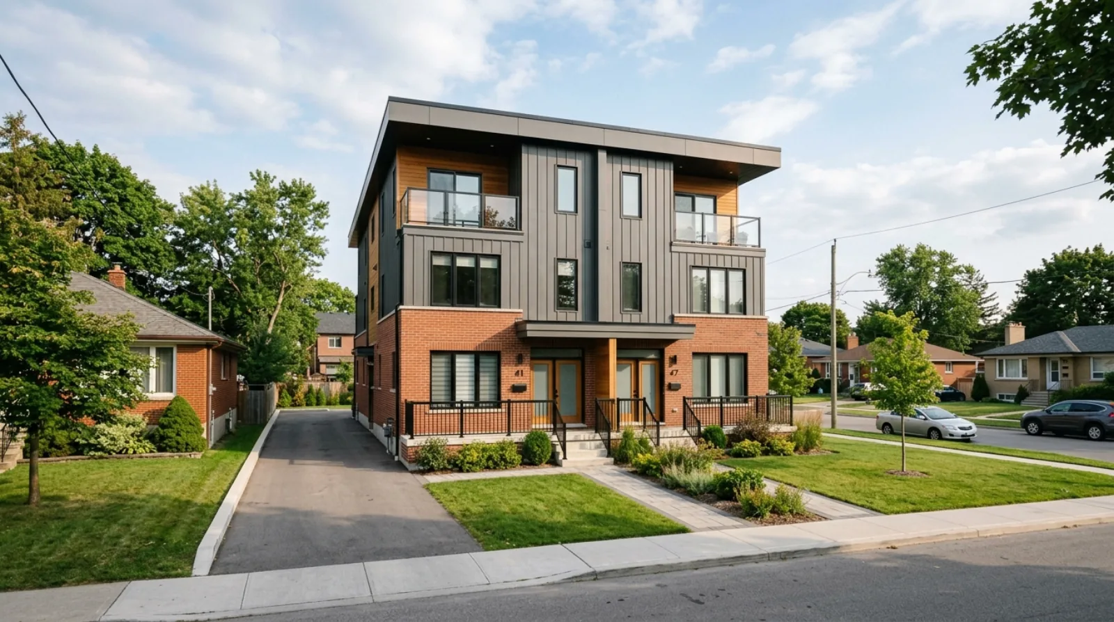 A new four-storey sixplex on a large suburban Scarborough lot among postwar bungalows, the Ward 23 sixplex pilot