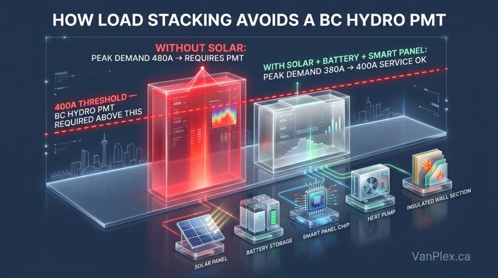 Diagram showing how solar panels combined with battery storage and smart load panels reduce peak demand on the BC Hydro meter so a 6-unit multiplex stays below the 400 amp service threshold and avoids a pad mounted transformer