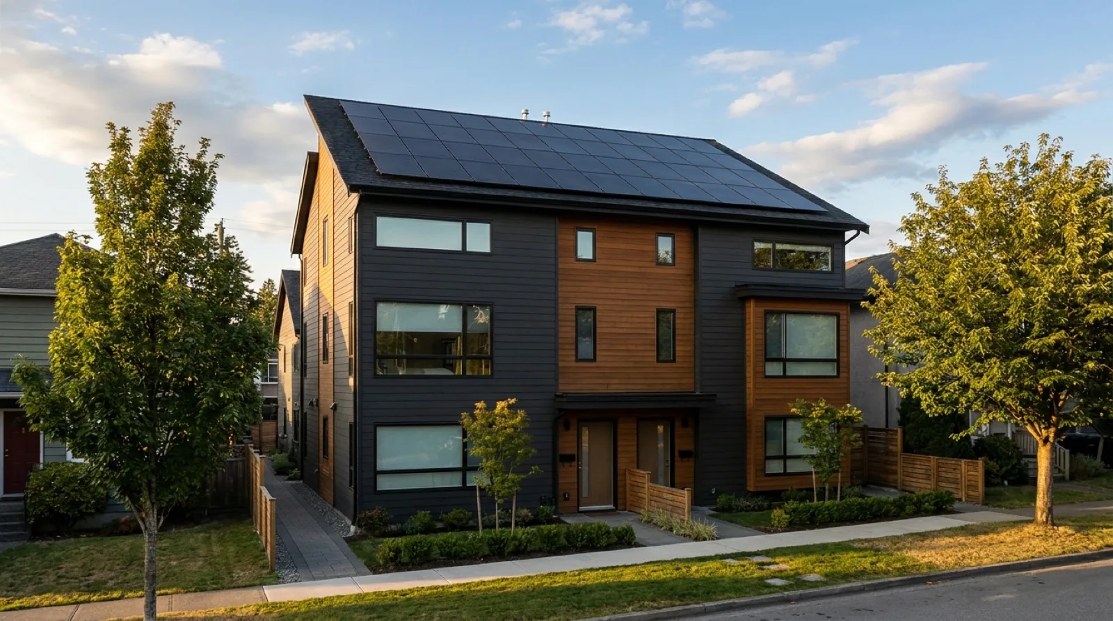 Vancouver four-plex multiplex with rooftop solar panels visible against clear blue sky modern wood and fiber cement cladding two front doors at grade and no pad mounted transformer on site