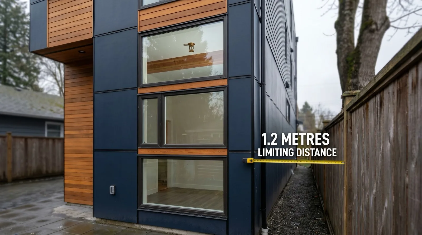 Close up of a Vancouver multiplex side elevation with narrow side yard limiting distance to the property line showing a residential NFPA 13D sprinkler head in a ceiling adjacent to a window assembly representing the BC Building Code 9.10.15 spatial separation trade between sprinklers and fire rated glazing