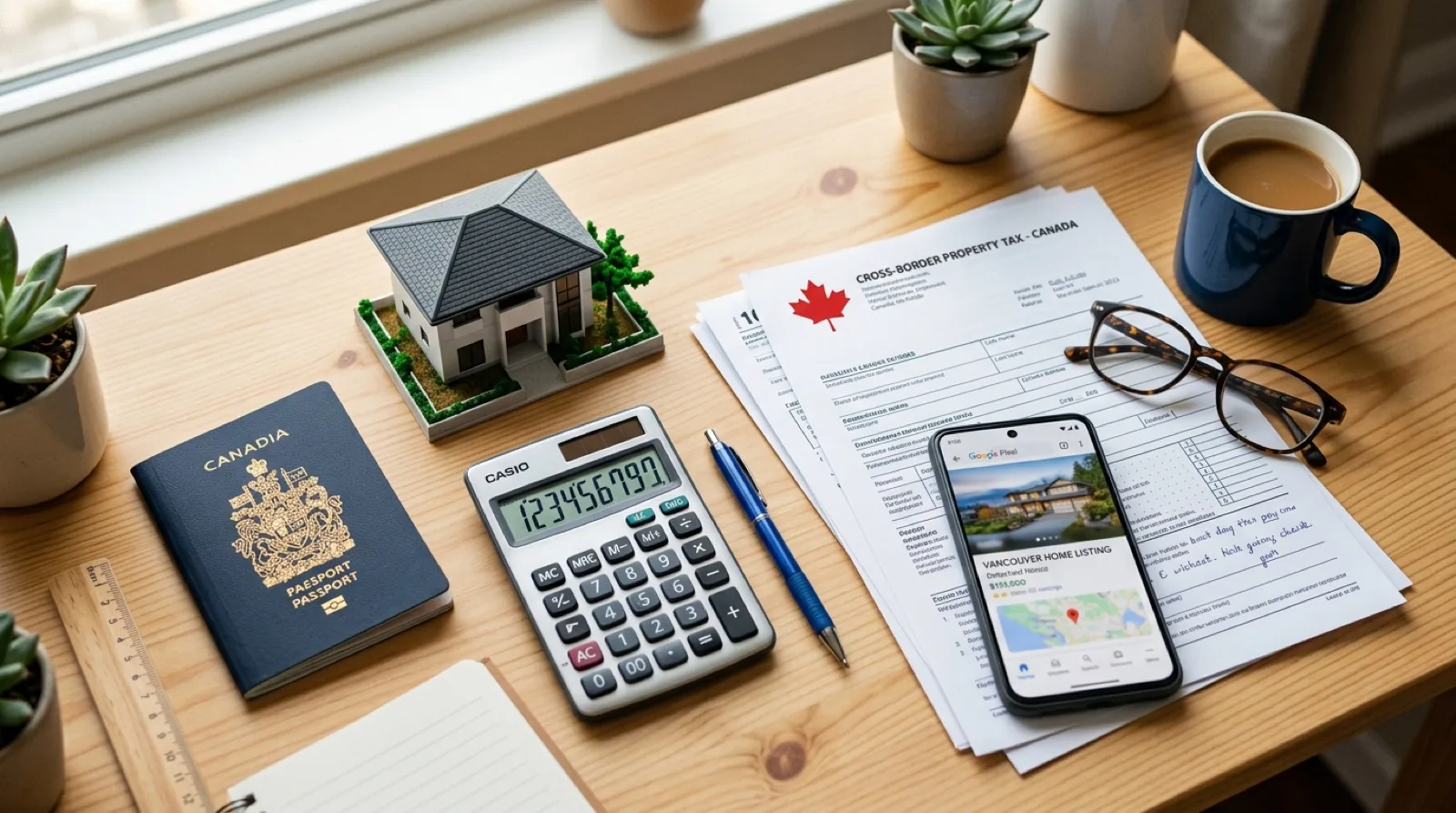 An overhead desk scene with a Canadian passport, a small model house, tax forms, and a calculator, representing the cross-border tax a Canadian expat faces on Vancouver property