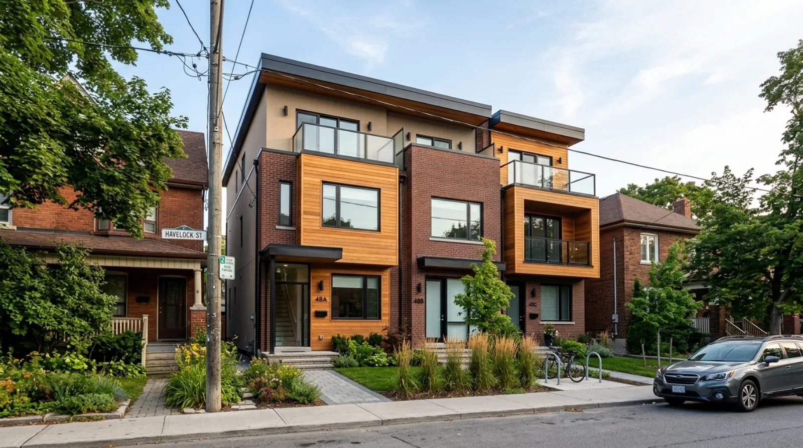 A completed modern triplex on a Toronto residential street among older brick houses, illustrating the three-unit provincial floor