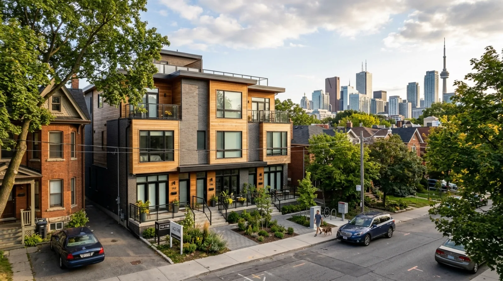 A ground-oriented Toronto fourplex with private entries in the foreground and downtown condo towers rising behind it