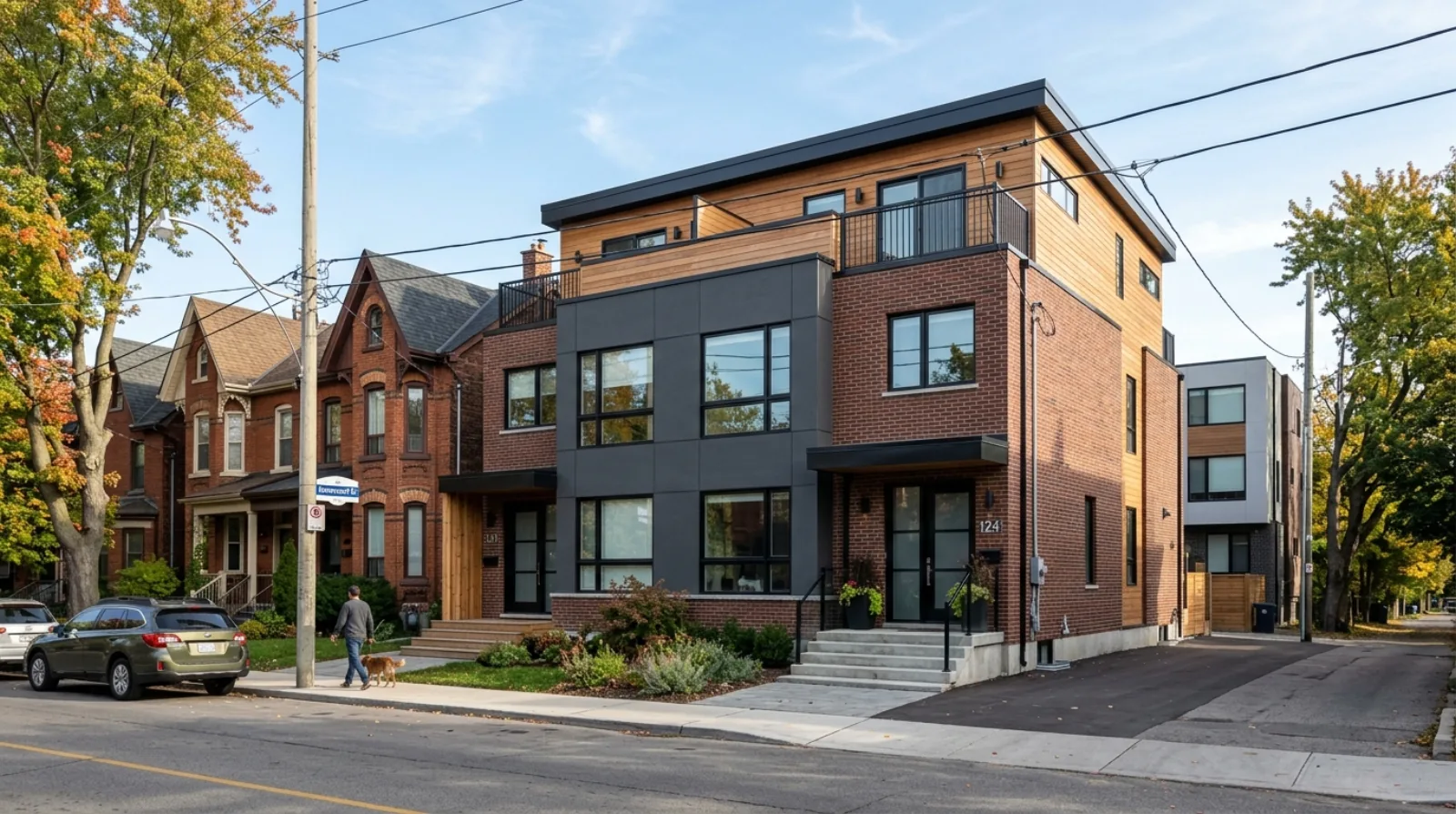 A completed modern fourplex on a standard Toronto lot with two front entries and rear units off the lane, among older brick houses