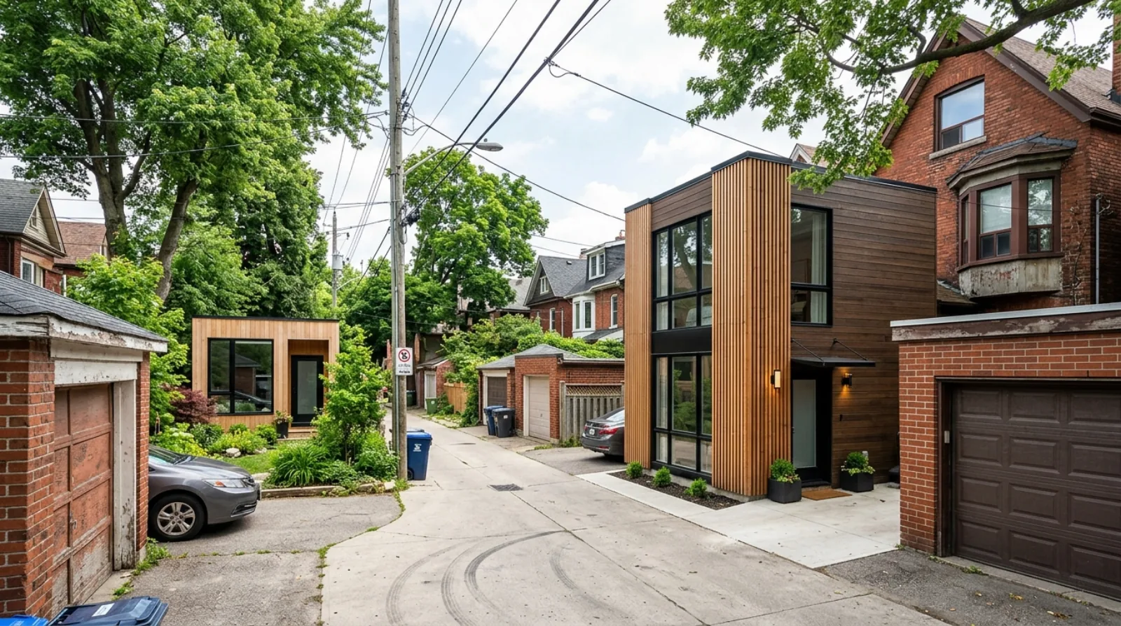 A Toronto public laneway with a two-storey laneway suite at the rear of a lot and a glimpse of a rear-yard garden suite nearby