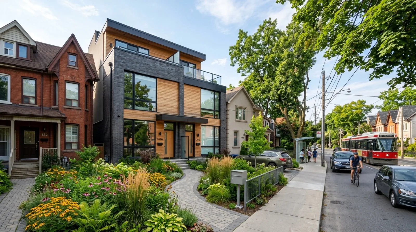 A Toronto fourplex with a landscaped front yard and walkway instead of a parking pad, on a transit-served street