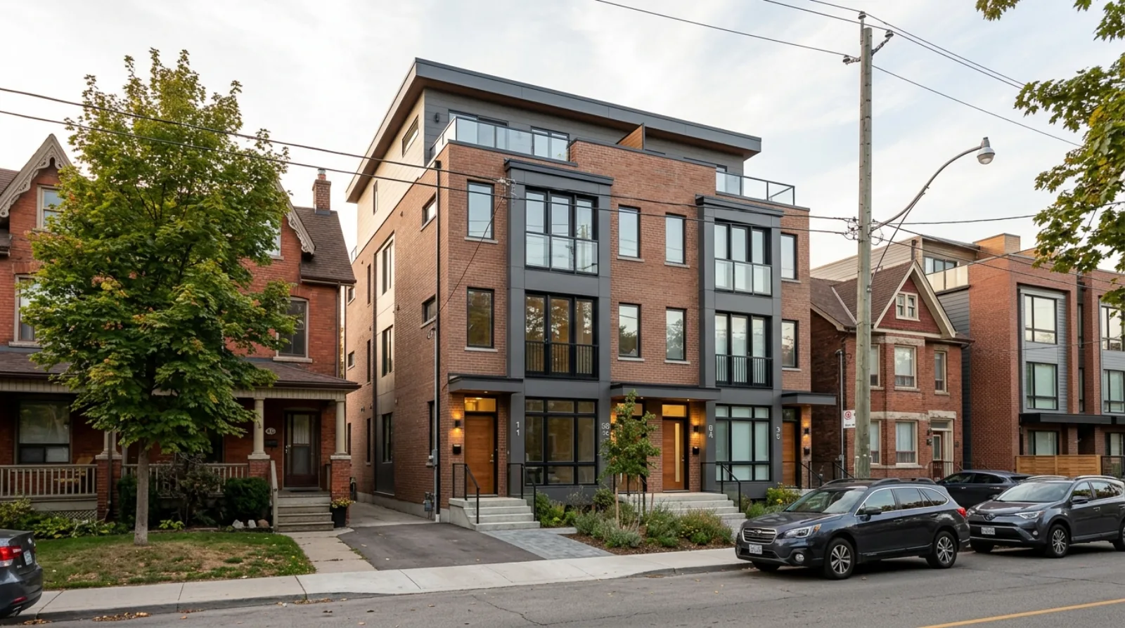 A newly built three-and-a-half storey sixplex among Victorian brick semis in an Old Toronto neighbourhood, one of the nine wards where six units are permitted