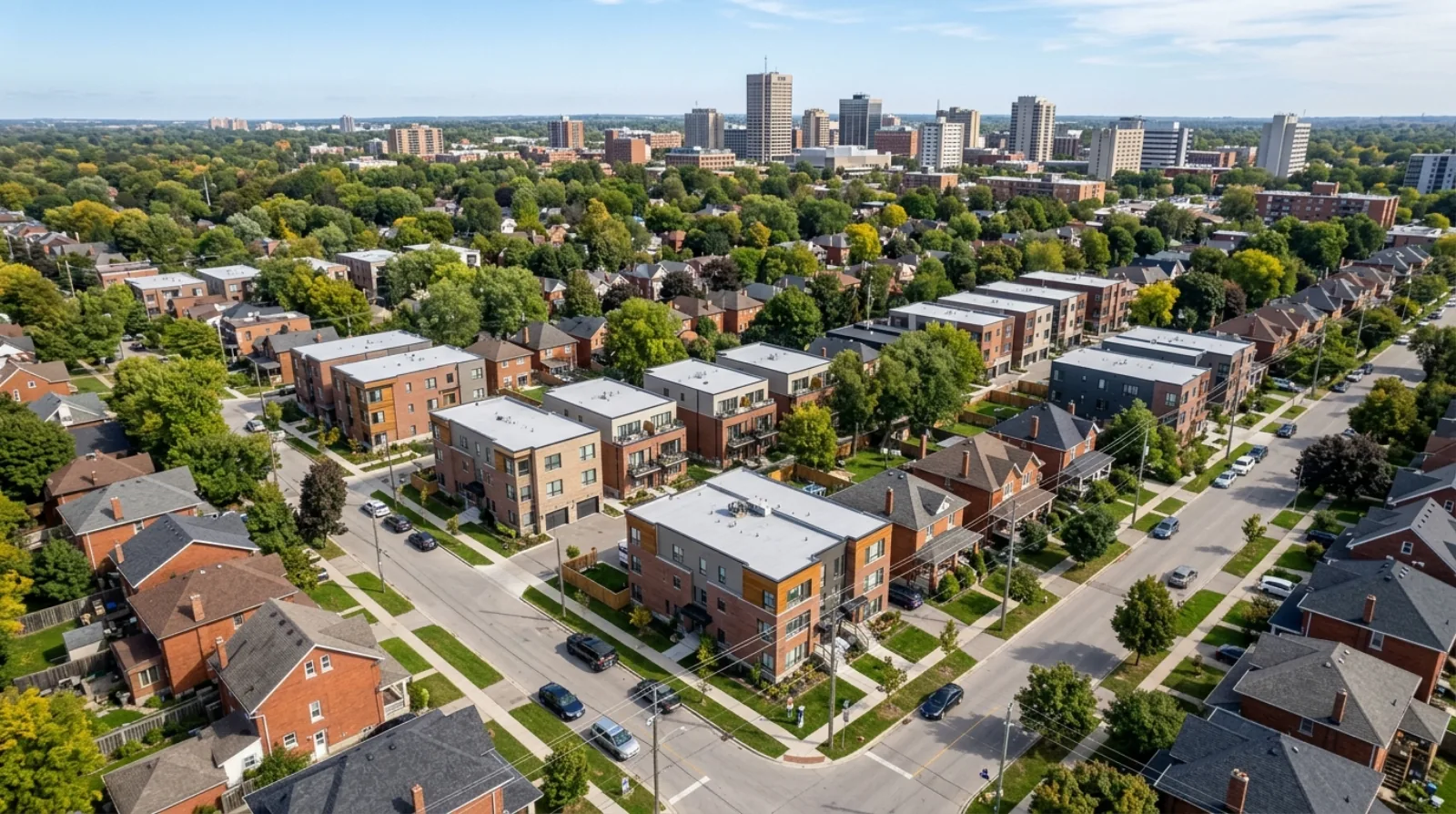 Aerial view of an Ontario residential neighbourhood with new ground-oriented multiplexes among older brick houses