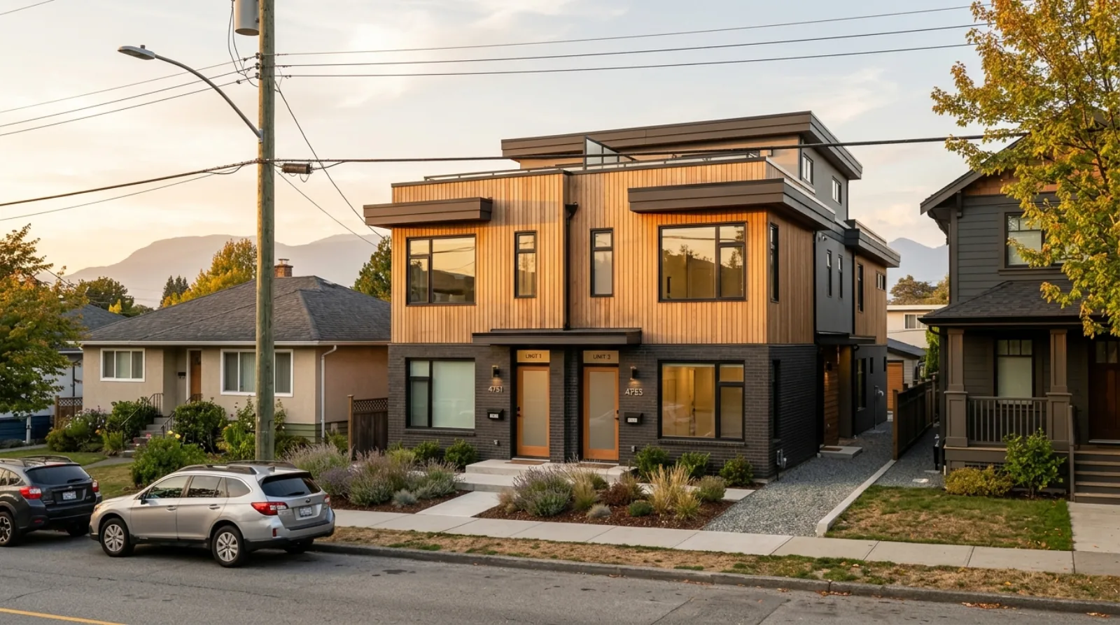 A modern two-storey Vancouver fourplex with two front entrances on a residential lot next to a mix of older and newer homes, representing a family weighing whether to build a multiplex