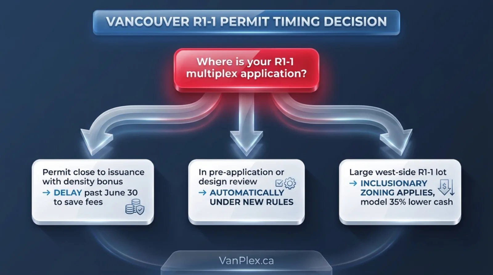 Decision tree for Vancouver multiplex applicants showing whether to push permit issuance before or after June 30 2026 based on project stage and density bonus exposure
