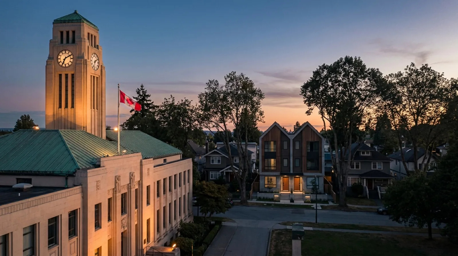 Vancouver City Hall with overlay text showing June 30 2026 density bonus removal deadline affecting more than 90 percent of R1-1 multiplex lots in compliance with provincial Bill 16
