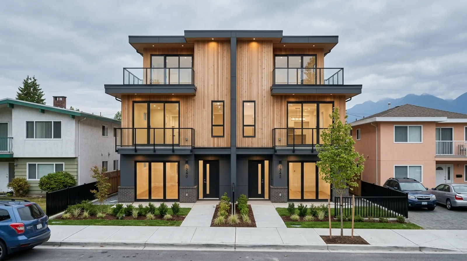 A newly built but unsold Vancouver fourplex multiplex on a residential street, illustrating the vacant new inventory the city wants to exempt from its 3% Empty Homes Tax