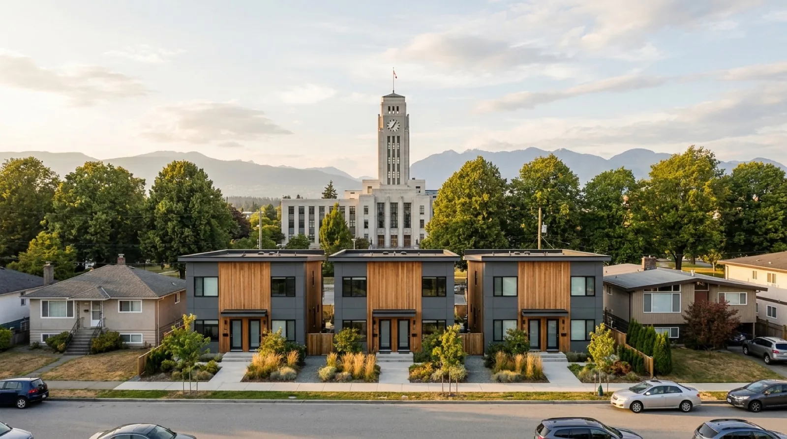 Vancouver city hall with a residential street of newly built multiplex buildings, framing Council Motion 9 to review the city's multiplex housing policies after three years of implementation