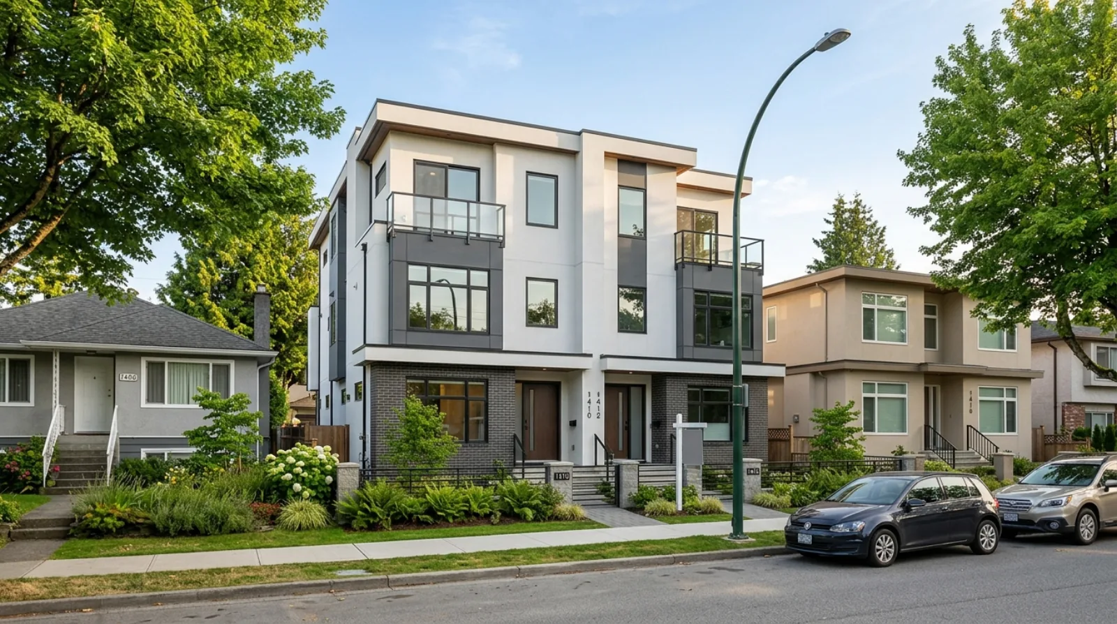 A newly completed Vancouver multiplex with two front entries at grade on a tree-lined residential street in summer light, beside older single-family houses, representing the July 2026 market update on land costs and unit exit prices
