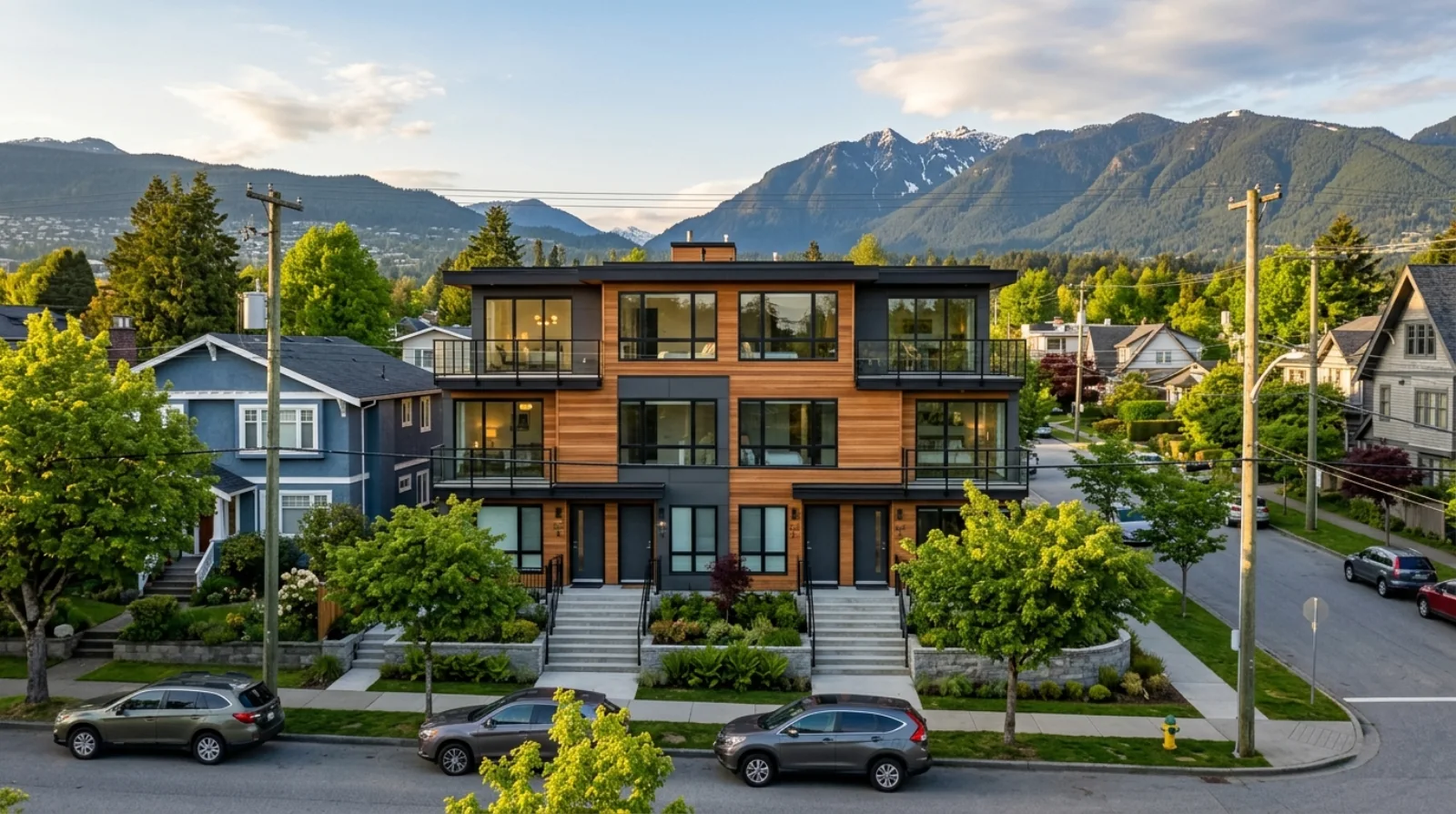 Newly built six-unit multiplex on a Vancouver residential street with cedar siding and North Shore mountains in the background