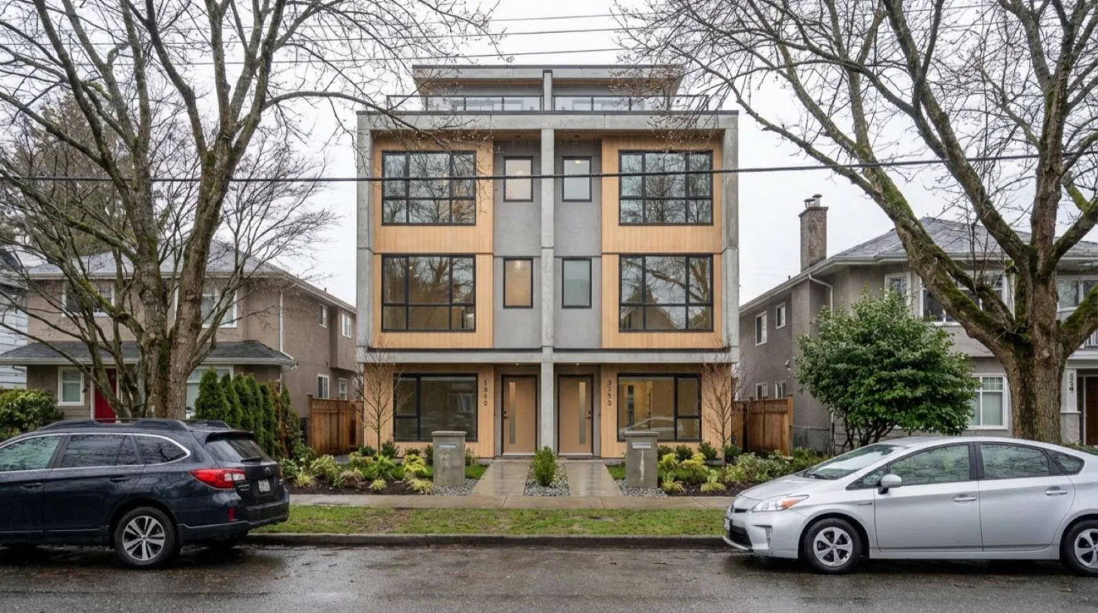 Modern ground-oriented multiplex building on a Vancouver residential street showing the matured multiplex market of 2026