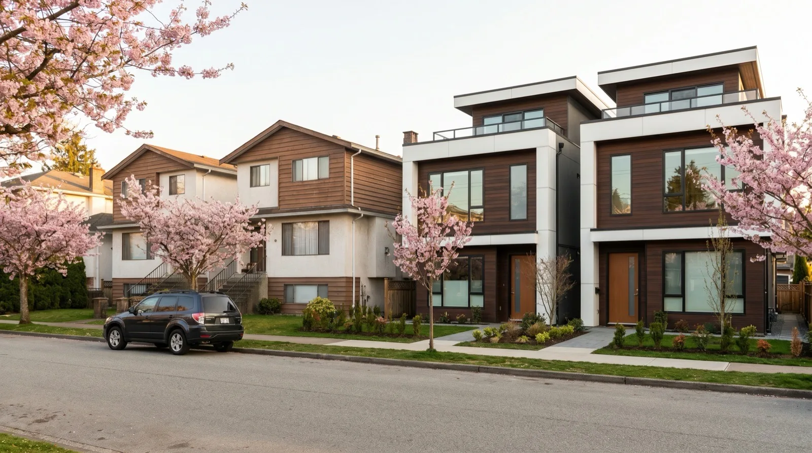Vancouver east side residential street showing a mix of older single-family houses next to newly built multiplex buildings representing the 2025 permit crossover where multiplex new builds first outnumbered single family permits in the City of Vancouver issued building permits dataset