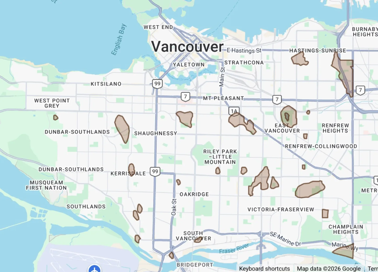 Vancouver peat bog areas shown on the VanPlex permits map -- brown overlay zones across Mount Pleasant, Trout Lake, Kerrisdale and East Vancouver neighbourhoods