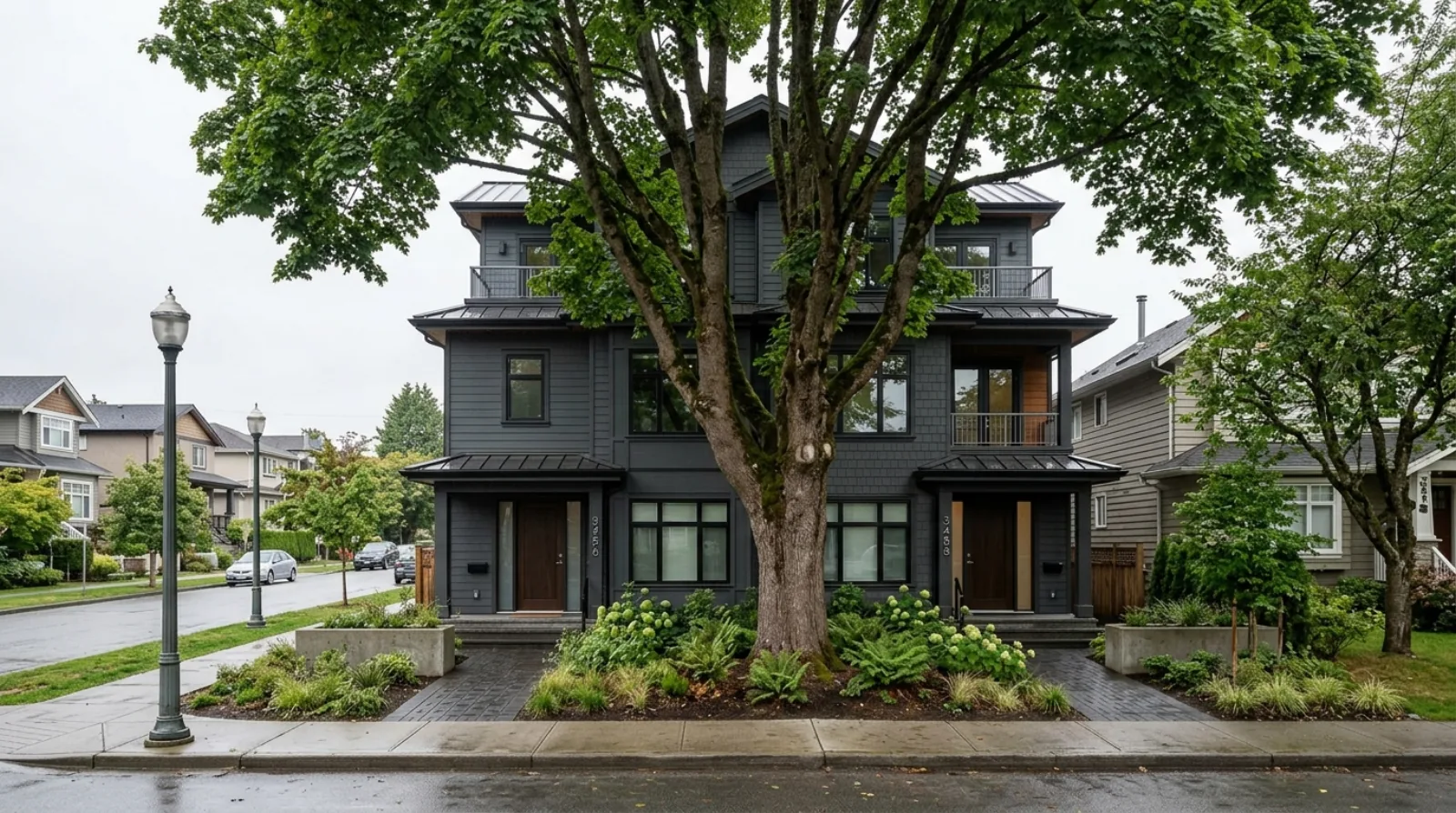 A completed ground-oriented Vancouver multiplex with a large mature retained tree in the front yard, showing tree retention on a development site