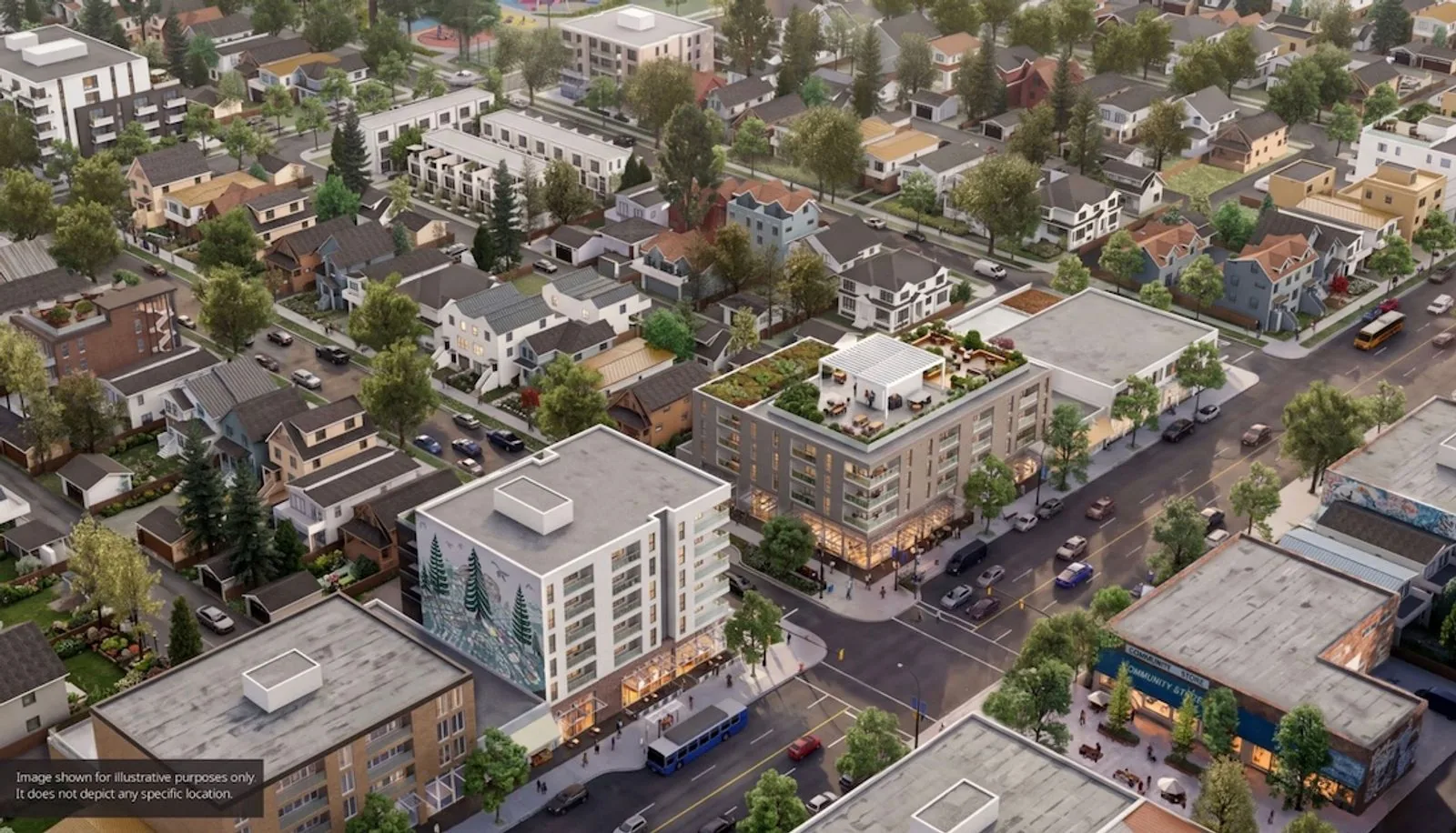 Illustrative concept the City used to show a Village area, with a mid-rise mixed-use building set among houses and townhouses. This vision is now shelved. (City of Vancouver)