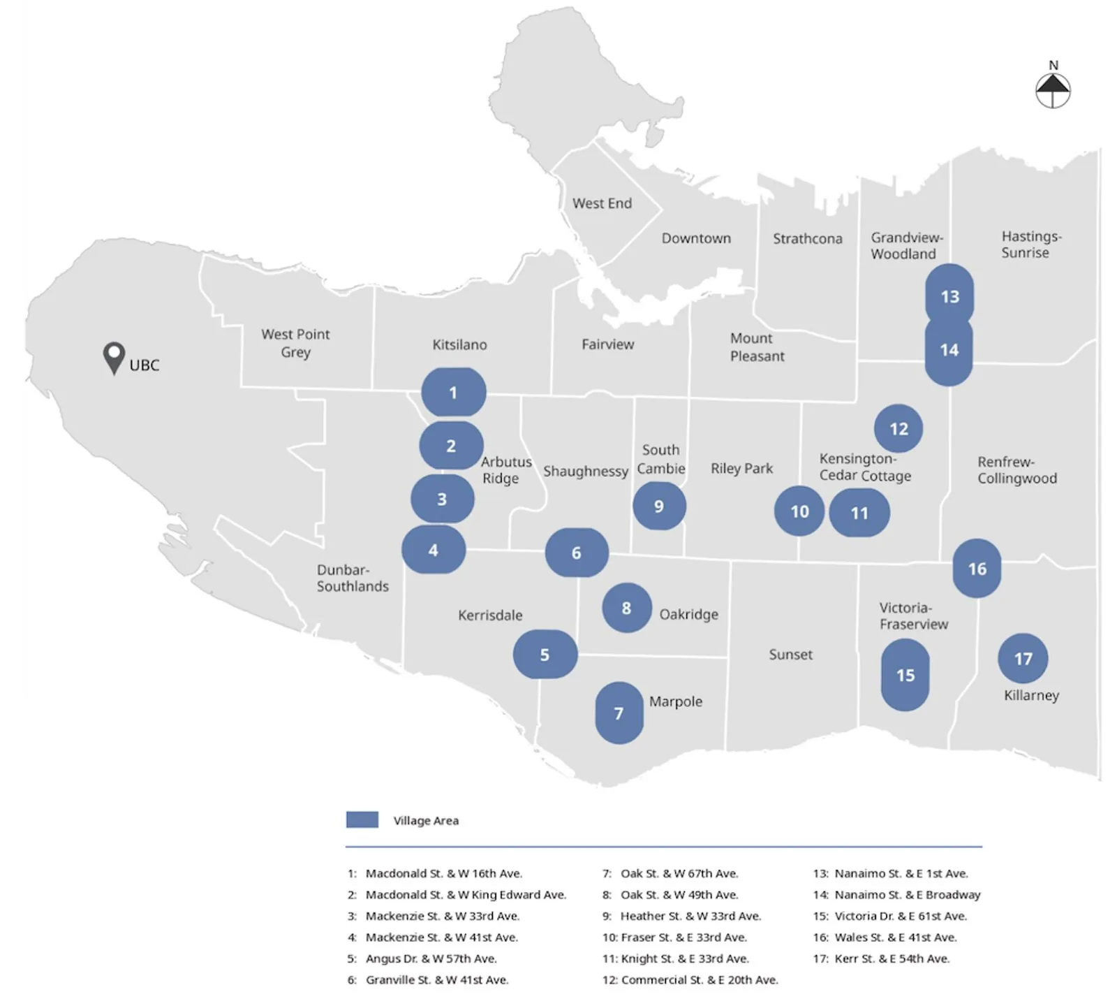 Map of the 17 proposed Village areas across Vancouver, from Kitsilano and Kerrisdale to Grandview-Woodland and Killarney, each marked with a numbered blue dot. (City of Vancouver)