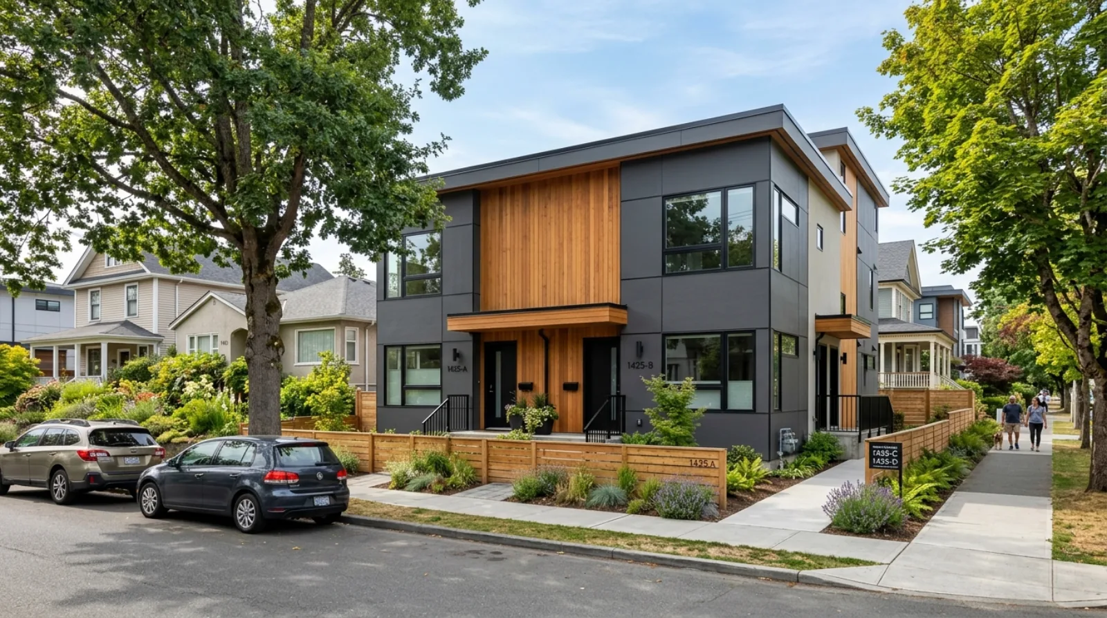 A Victoria houseplex at the four-unit threshold where municipal Development Cost Charges and a development permit both begin to apply