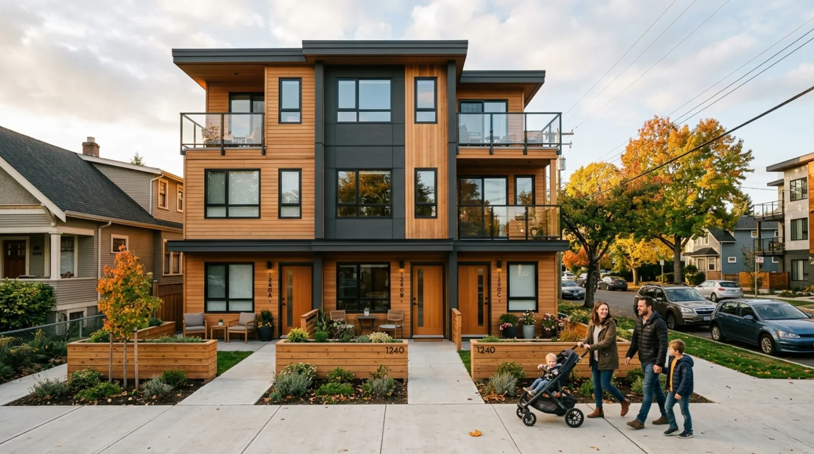A ground-oriented Victoria houseplex with family-sized units, the scarce rental product the city's missing-middle rules push builders toward