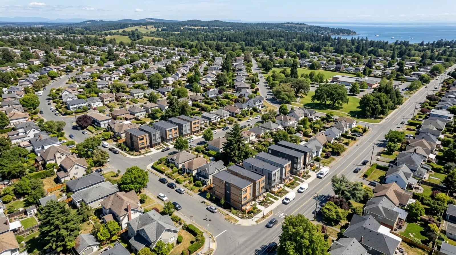 Map-style contrast of the City of Victoria's houseplex program against Saanich's provincial Bill 44 SSMUH framework across the municipal boundary