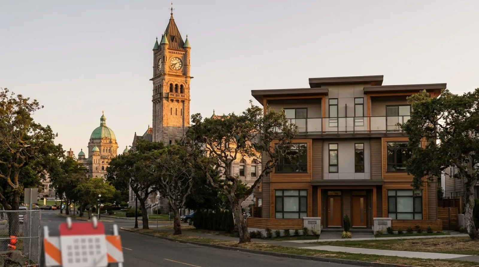 Victoria BC city hall historic stone building at golden hour with a small modern Victoria multiplex nearby representing the city's permit fee holiday for missing middle housing January 29 2026 to January 29 2027