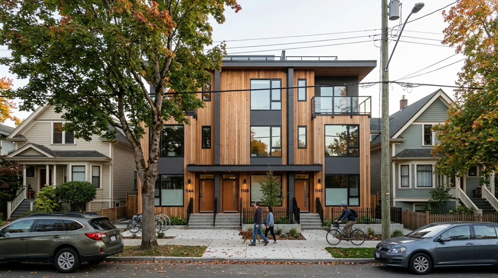 A six-unit ground-oriented houseplex on a standard Fairfield lot in Victoria, replacing a single detached home under the Missing Middle rules